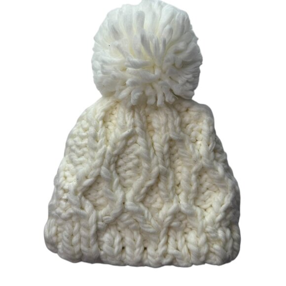 Hollister White Knit Beanie Hat with Pom Pom Pouf on Top.  Chunky Knit main image 7